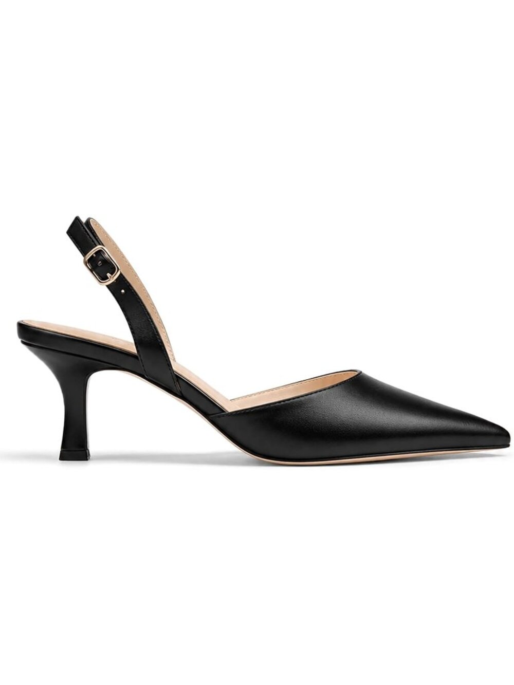 Women's Black Faux Leather Closed Pointed Toe Pumps D’Orsay Slip on Kitten Heels
